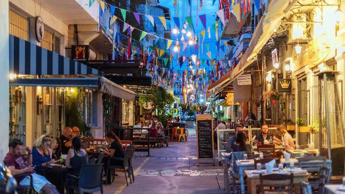 Taverns and restaurants on the street of the historic center of Kalamata